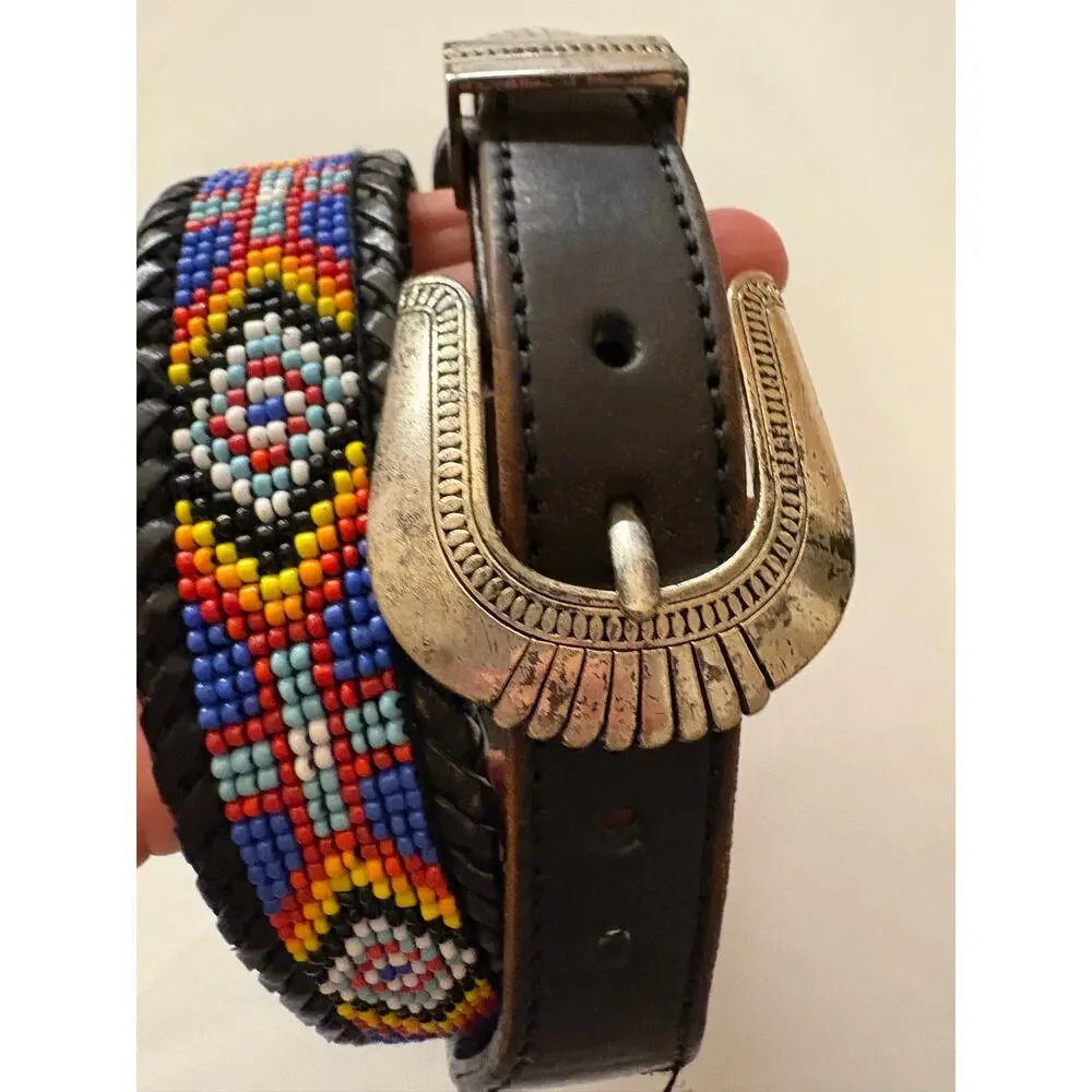 Vintage 1991 Beaded Leather Belt 36 Southwestern Western Westerncore cowgirl